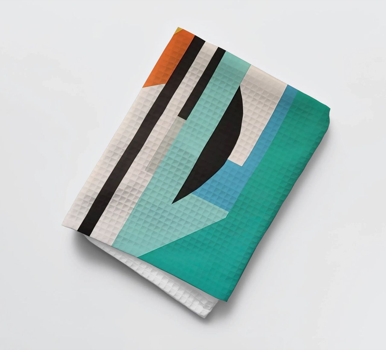 Abstract teal geometry with orange and black shapes tea towel by Artbyvo