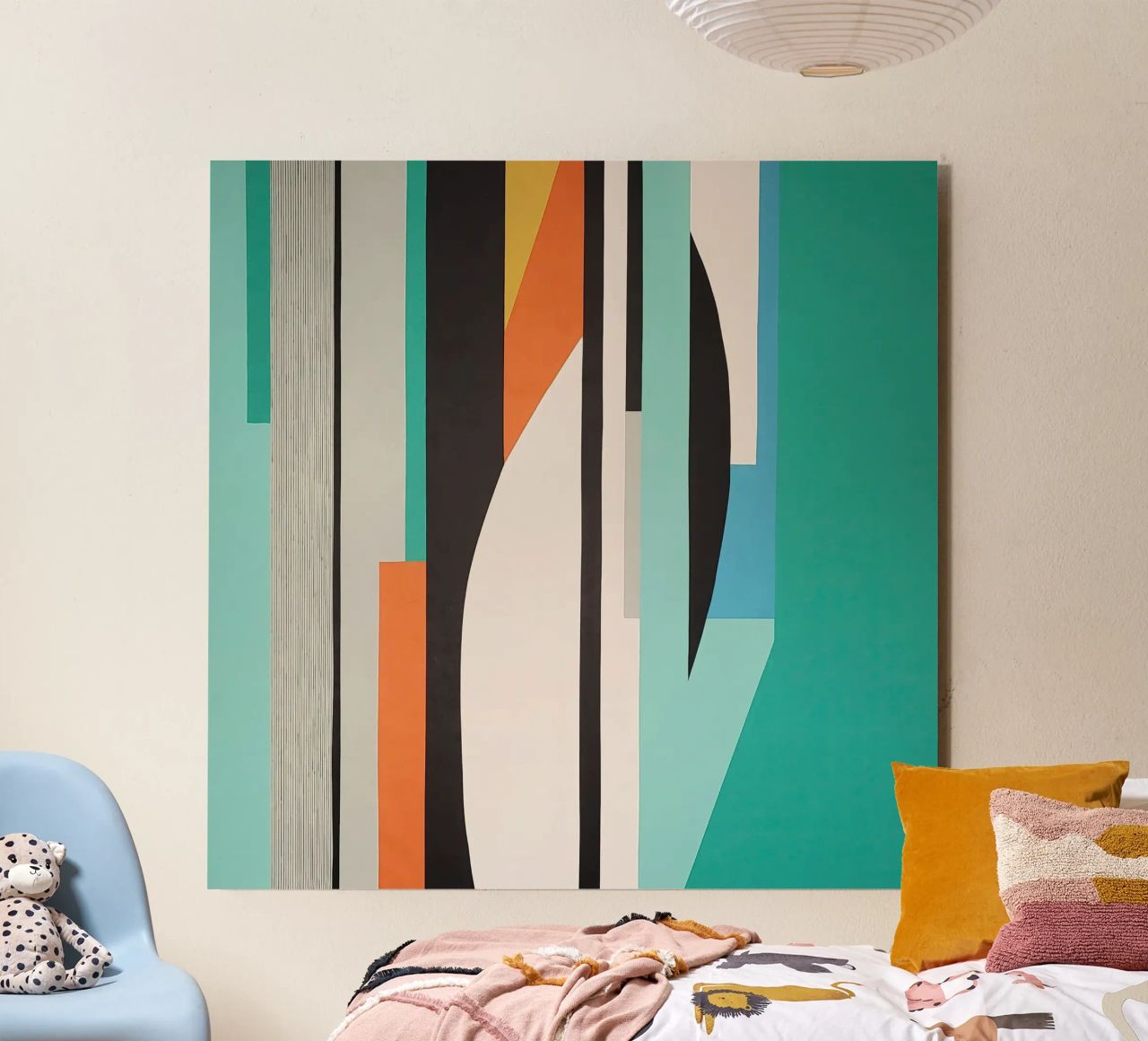 Abstract teal geometry with orange and black shapes alu-dibond by Artbyvo