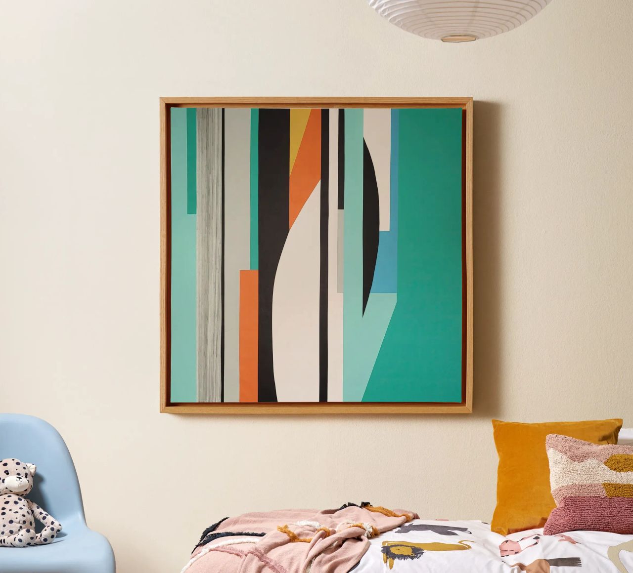 Abstract teal geometry with orange and black shapes canvas by Artbyvo