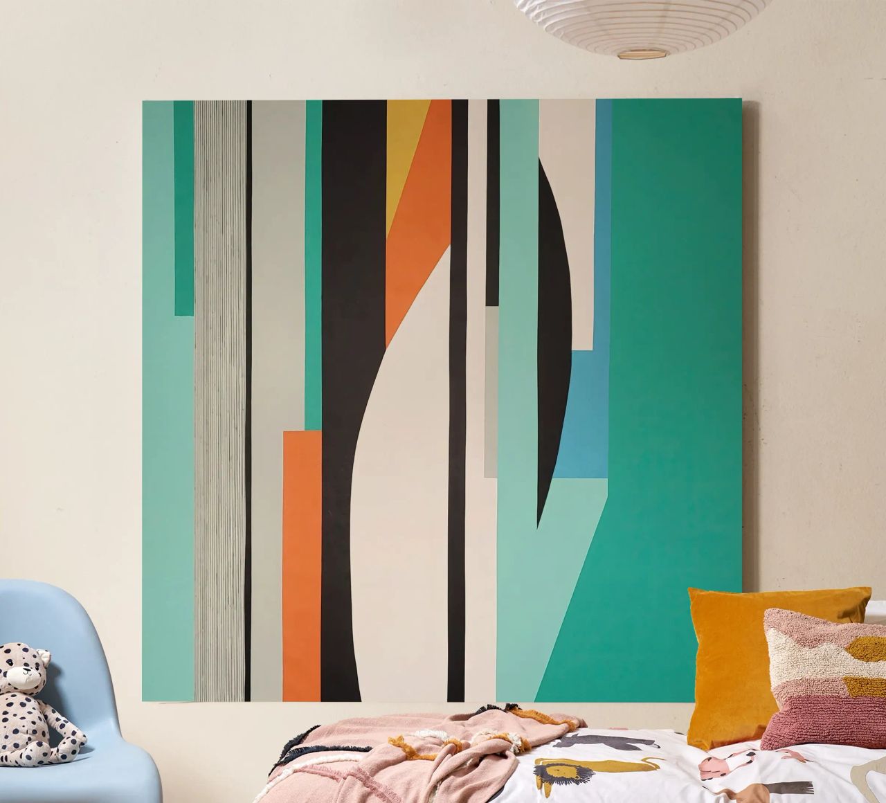 Abstract teal geometry with orange and black shapes canvas by Artbyvo
