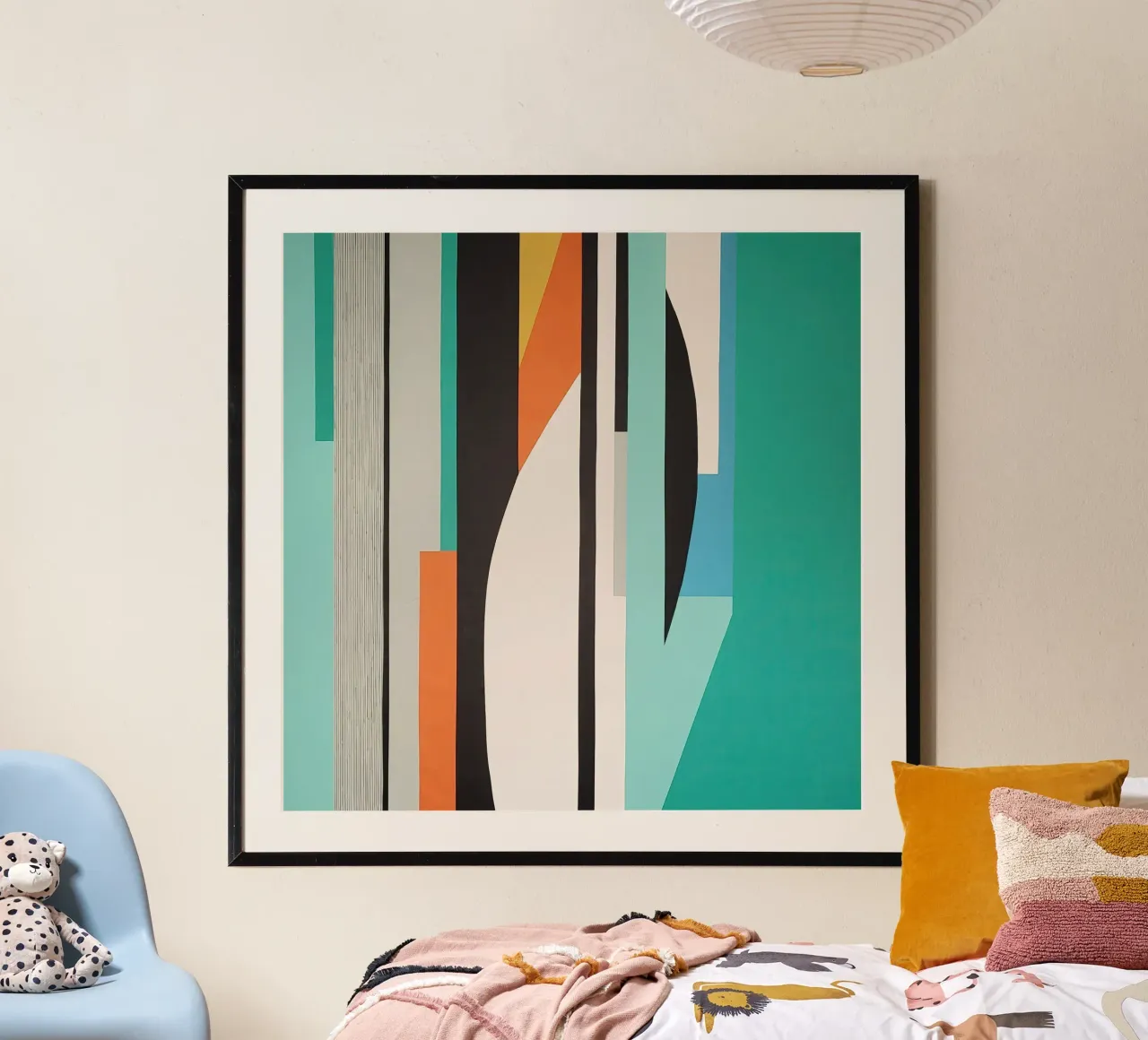 Geometría abstracta verde azulado con formas naranjas y negras hahnemühle de Artbyvo