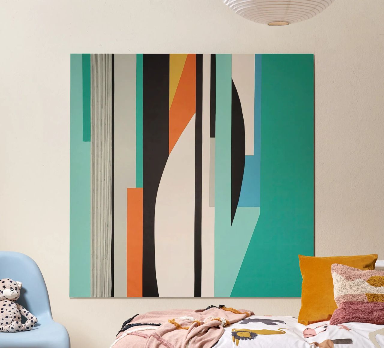 Abstract teal geometry with orange and black shapes poster by Artbyvo