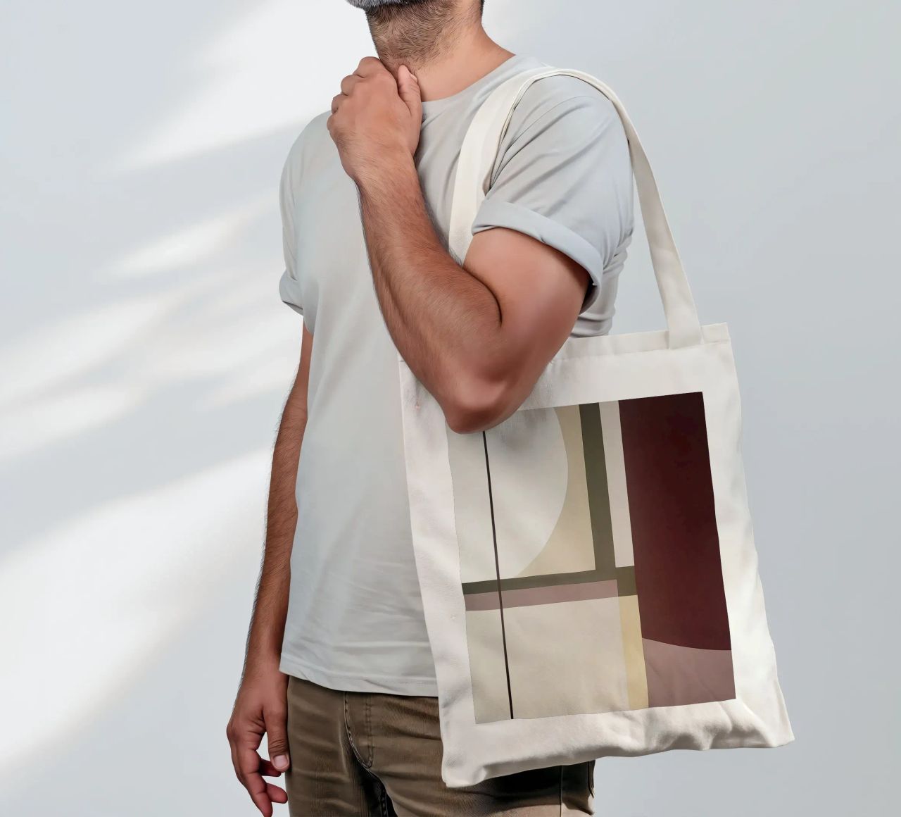 Composizione minimalista con linee curve e rette borsa in juta da Artbyvo