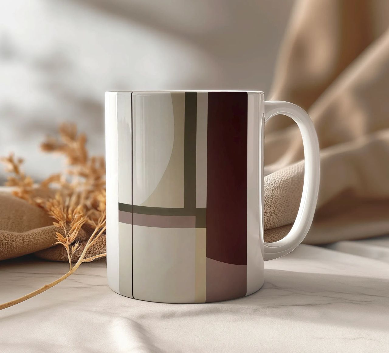 Composizione minimalista con linee curve e rette tazza in ceramica da Artbyvo