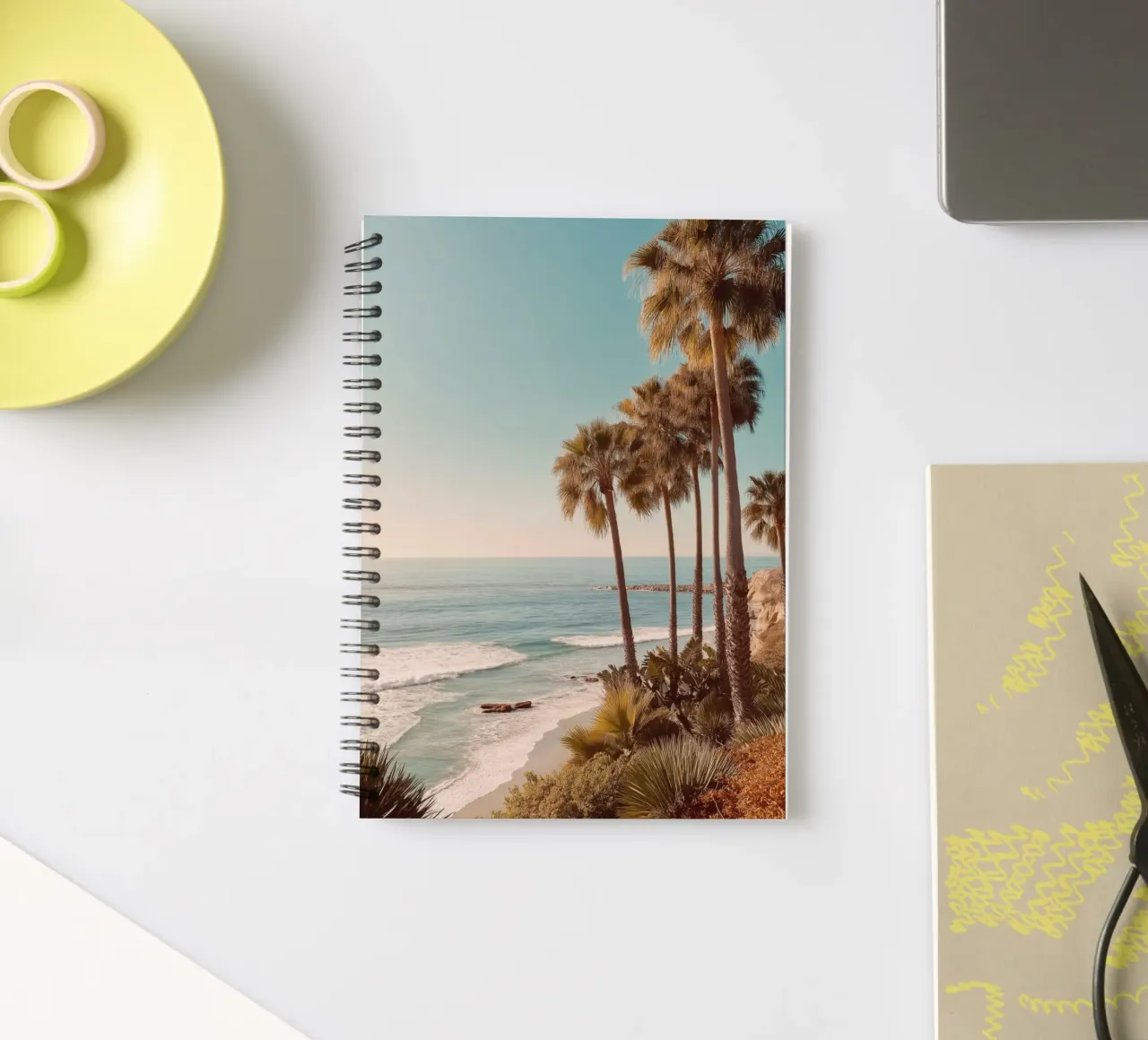 Sunset Palm Trees by the Ocean spiral notebook by Indigo Tides Art