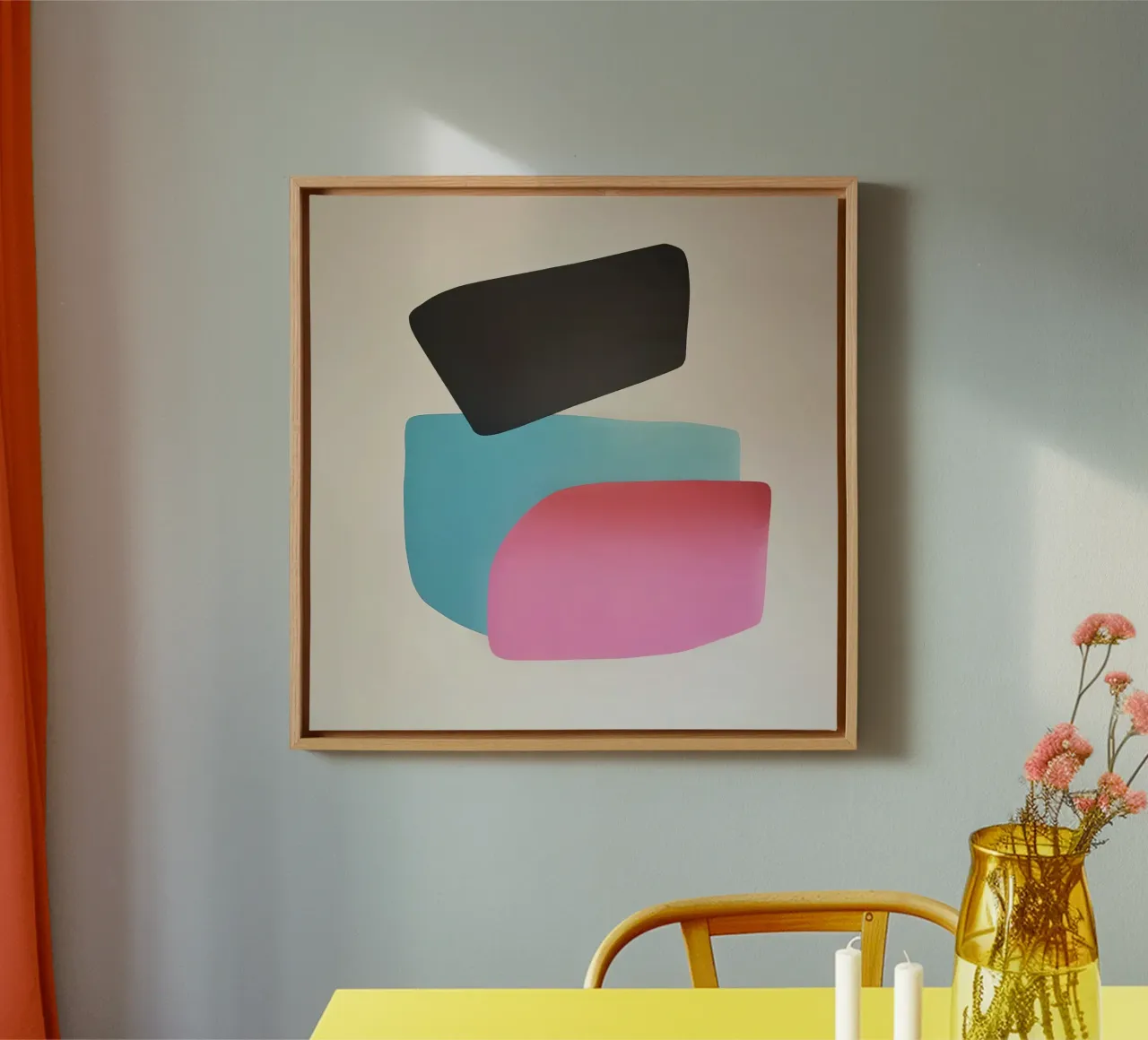 Modern Geometric Abstract in Pink, Blue and Black canvas with Floater frame by Artbyvo