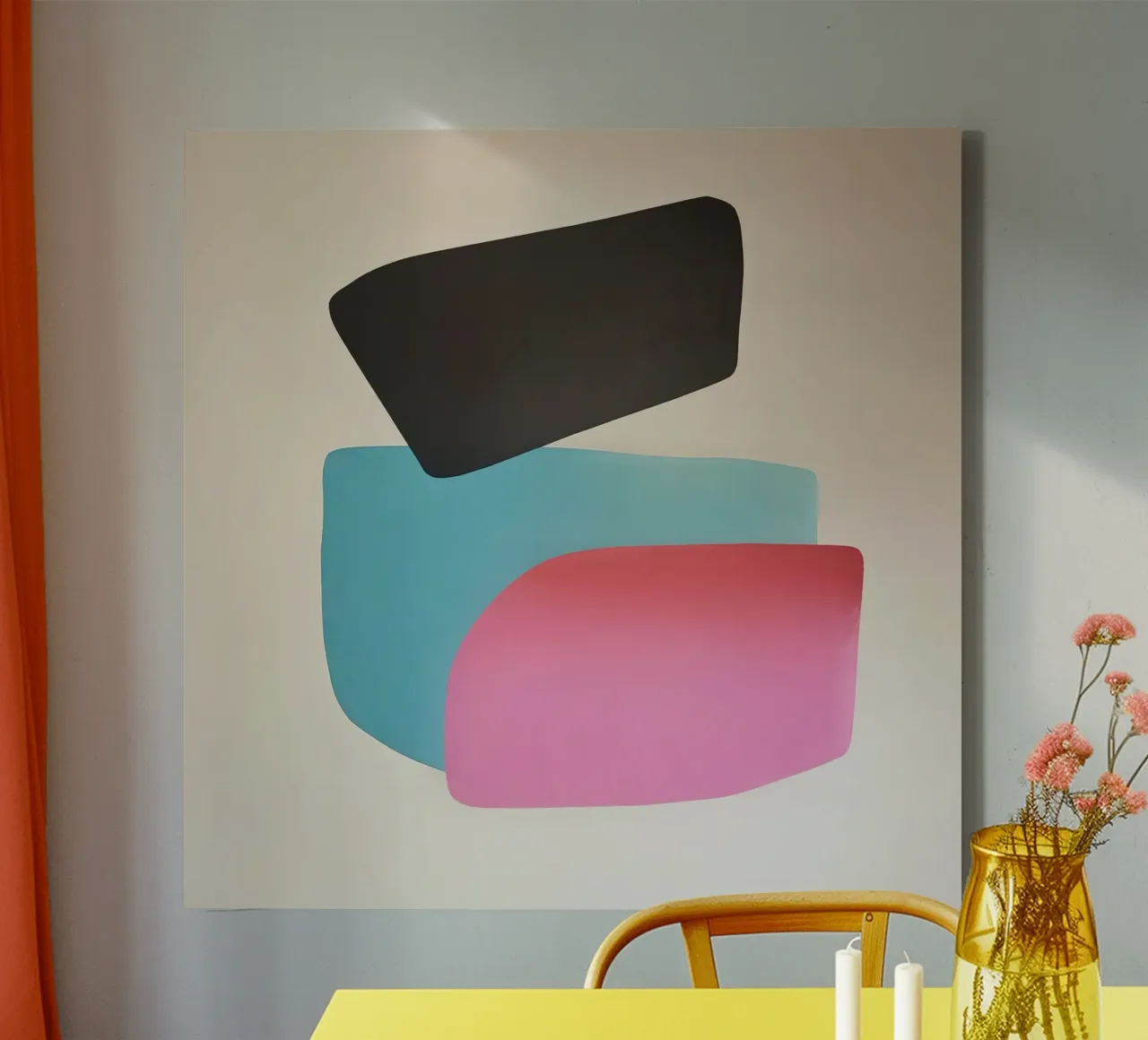 Modern Geometric Abstract in Pink, Blue and Black canvas with Floater frame by Artbyvo