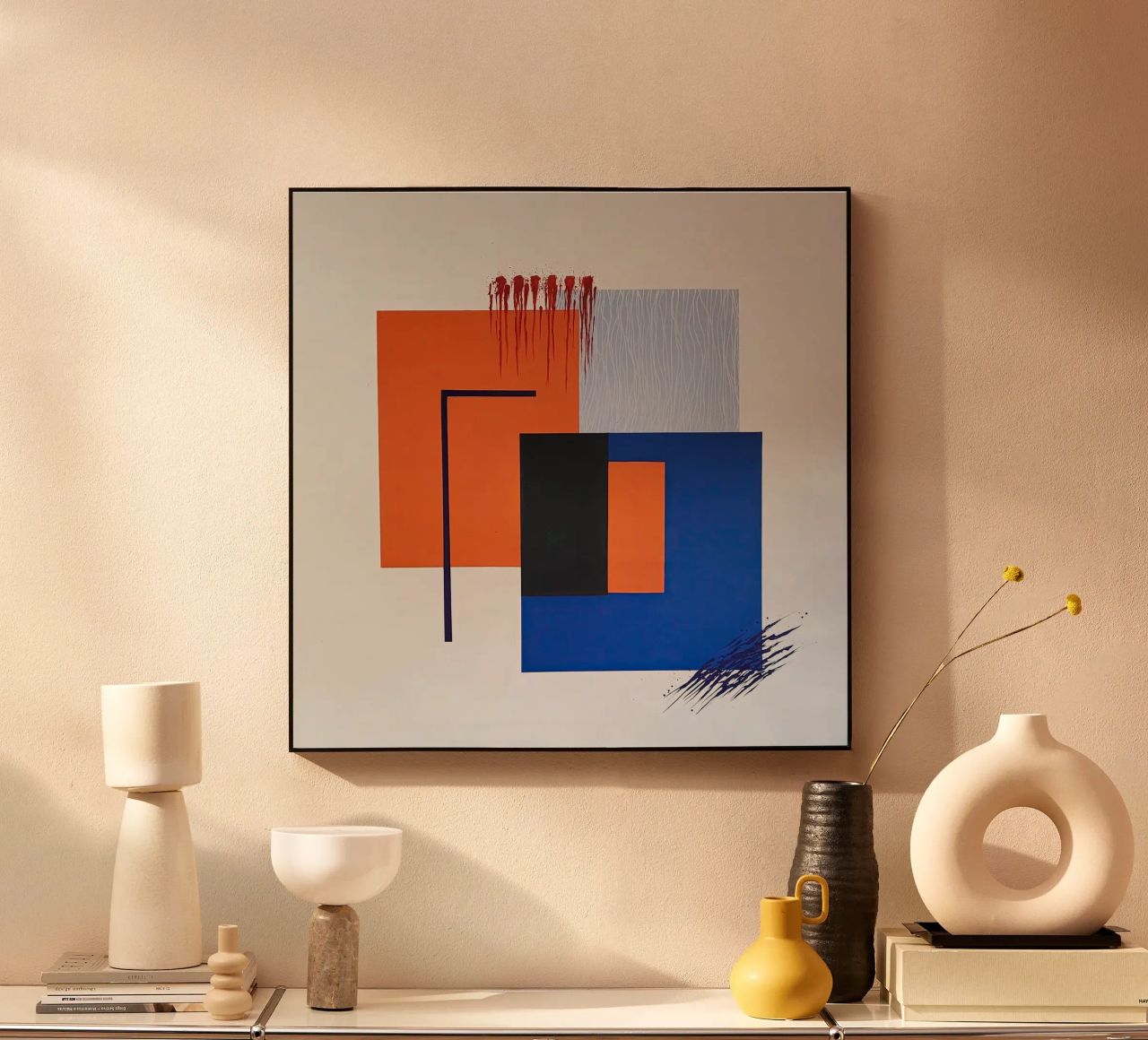 Astratto geometrico con accenti arancioni e blu pannello forex da Artbyvo