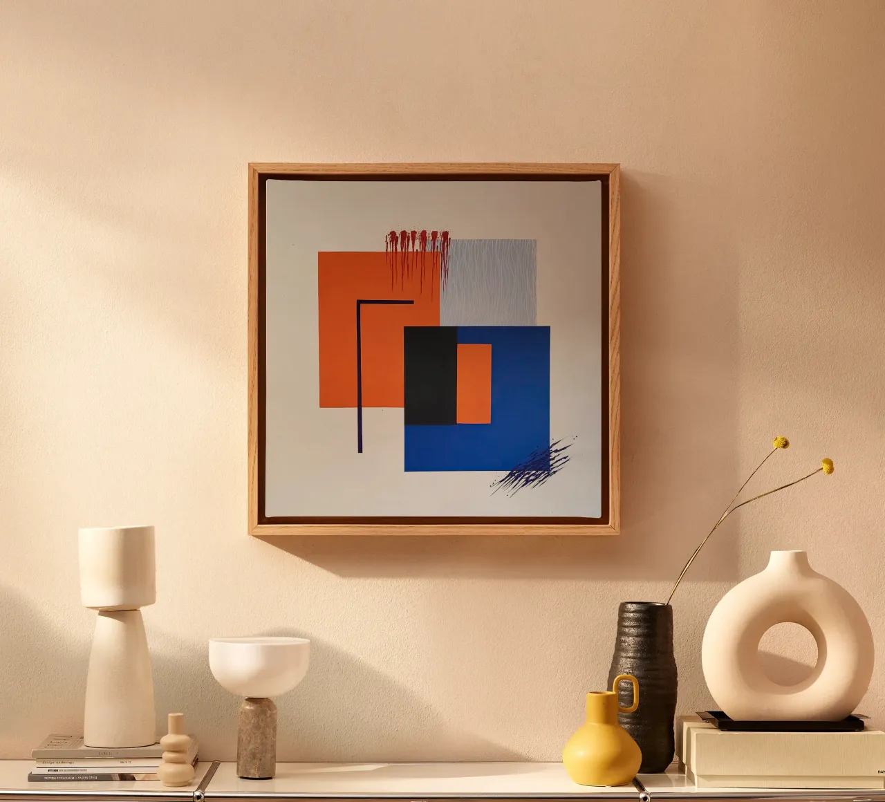 Astratto geometrico con accenti arancioni e blu tela con Cornice a cassetta da Artbyvo