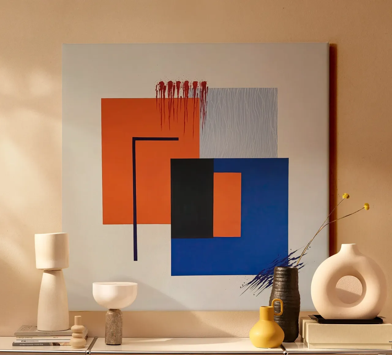 Astratto geometrico con accenti arancioni e blu tela con Cornice a cassetta da Artbyvo