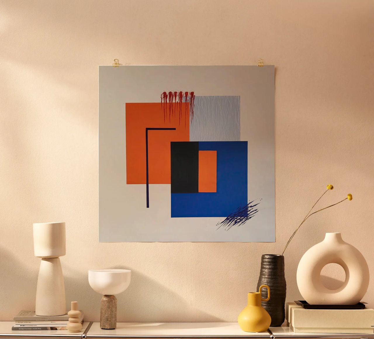 Geometric Abstract with Orange and Blue Accents poster by Artbyvo