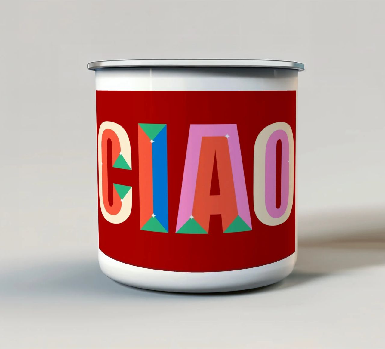 CIAO Text Art Bold Colorful Graphic Art Print enamel mug by NorwesClub