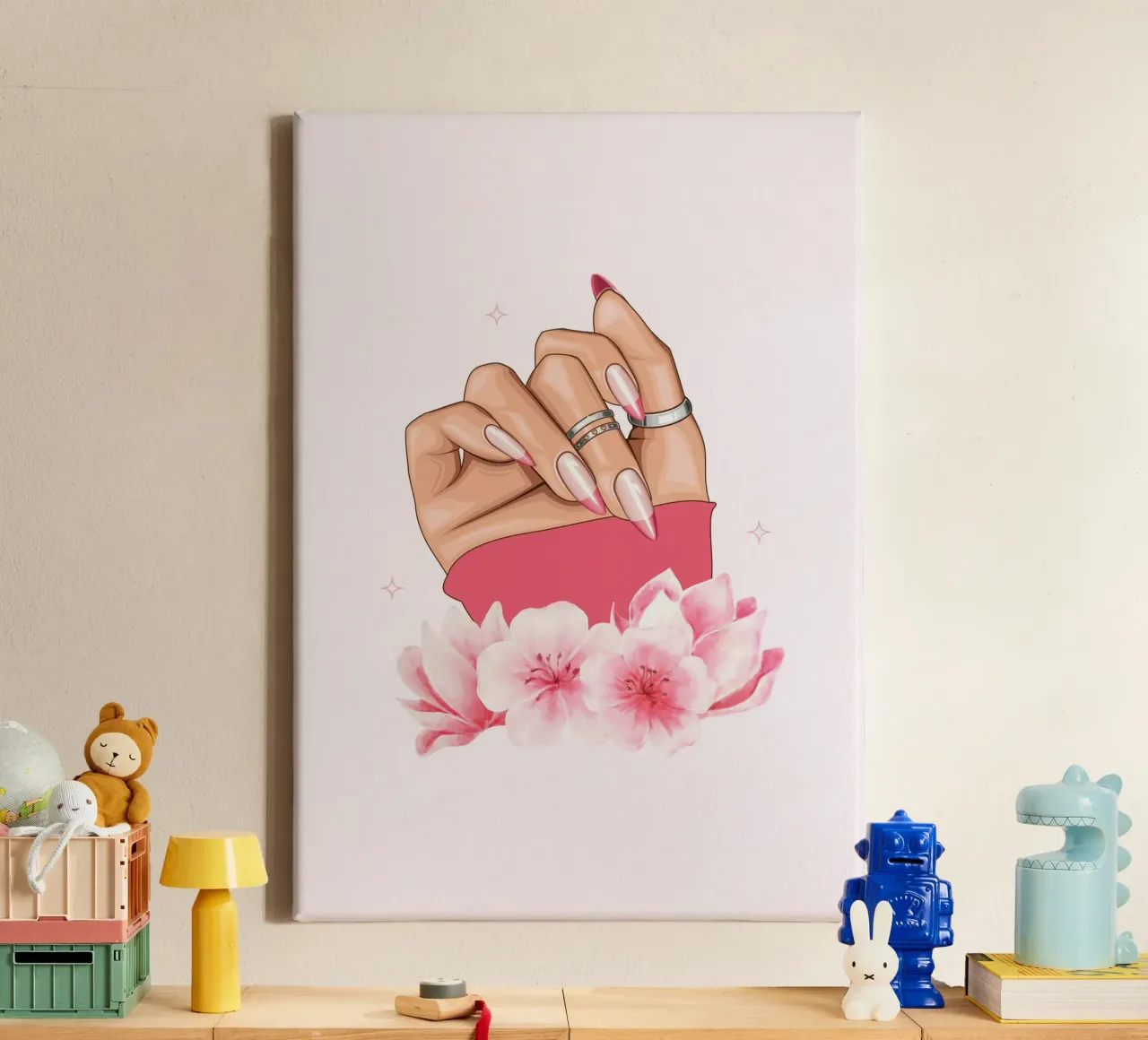 Gemanicuurde Handen Nail Art Bloemen Illustratie Print canvas met Baklijst van NorwesClub