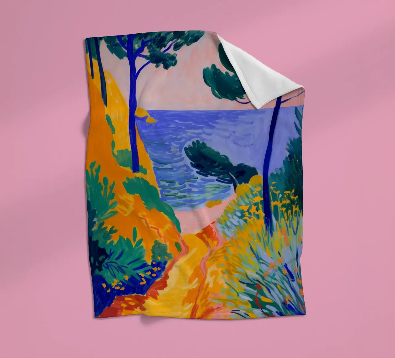 Fauvist Coastal Landscape Vibrant Art Print fleece blanket by NorwesClub