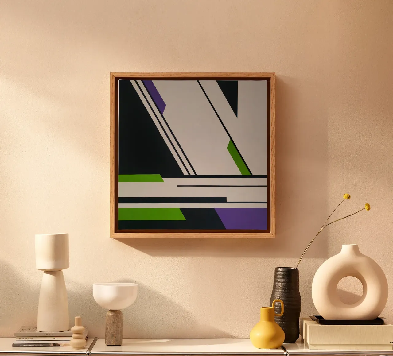 Sharp Angles and Bold Lines in Green and Purple canvas by Artbyvo