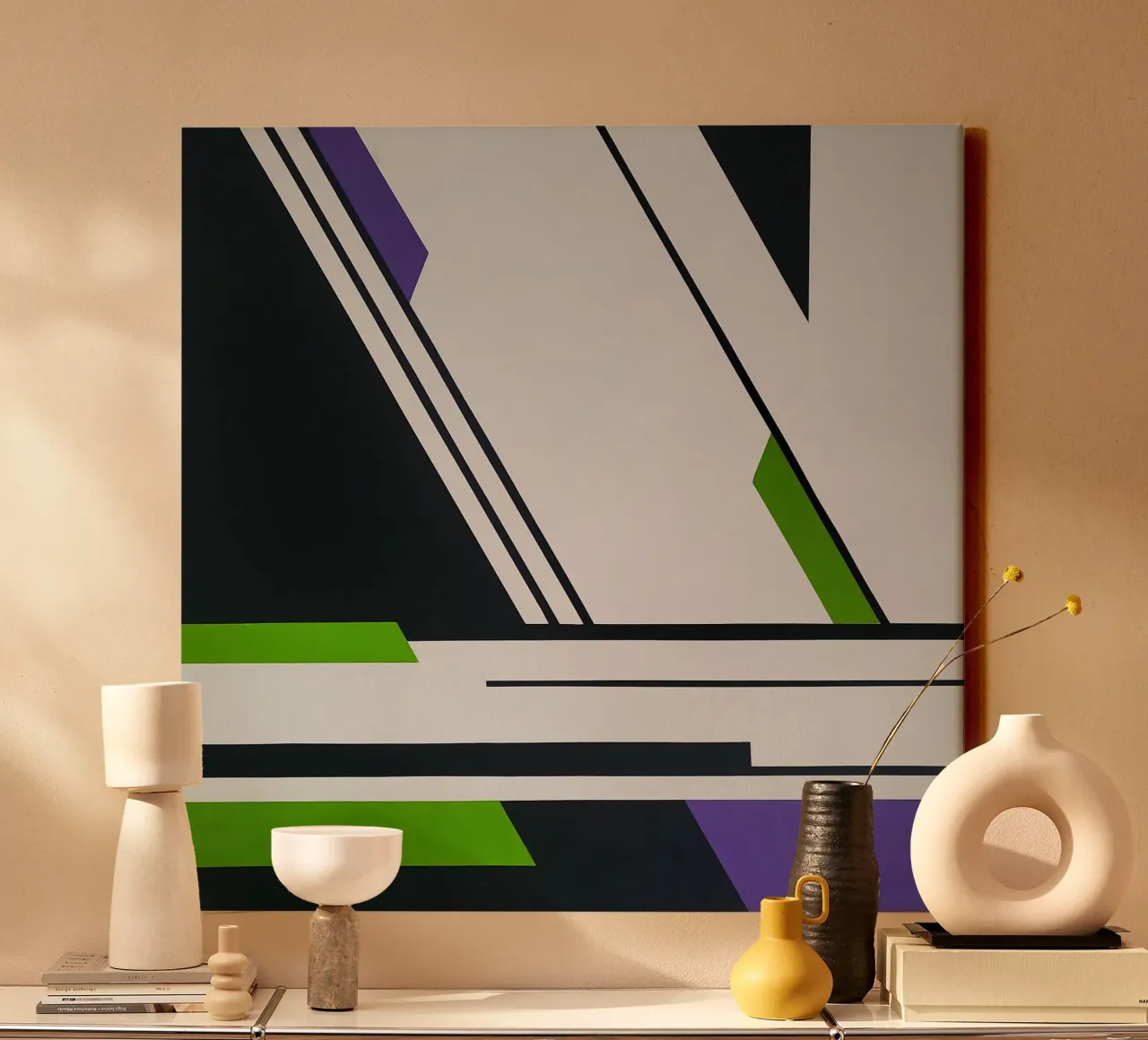 Sharp Angles and Bold Lines in Green and Purple canvas by Artbyvo