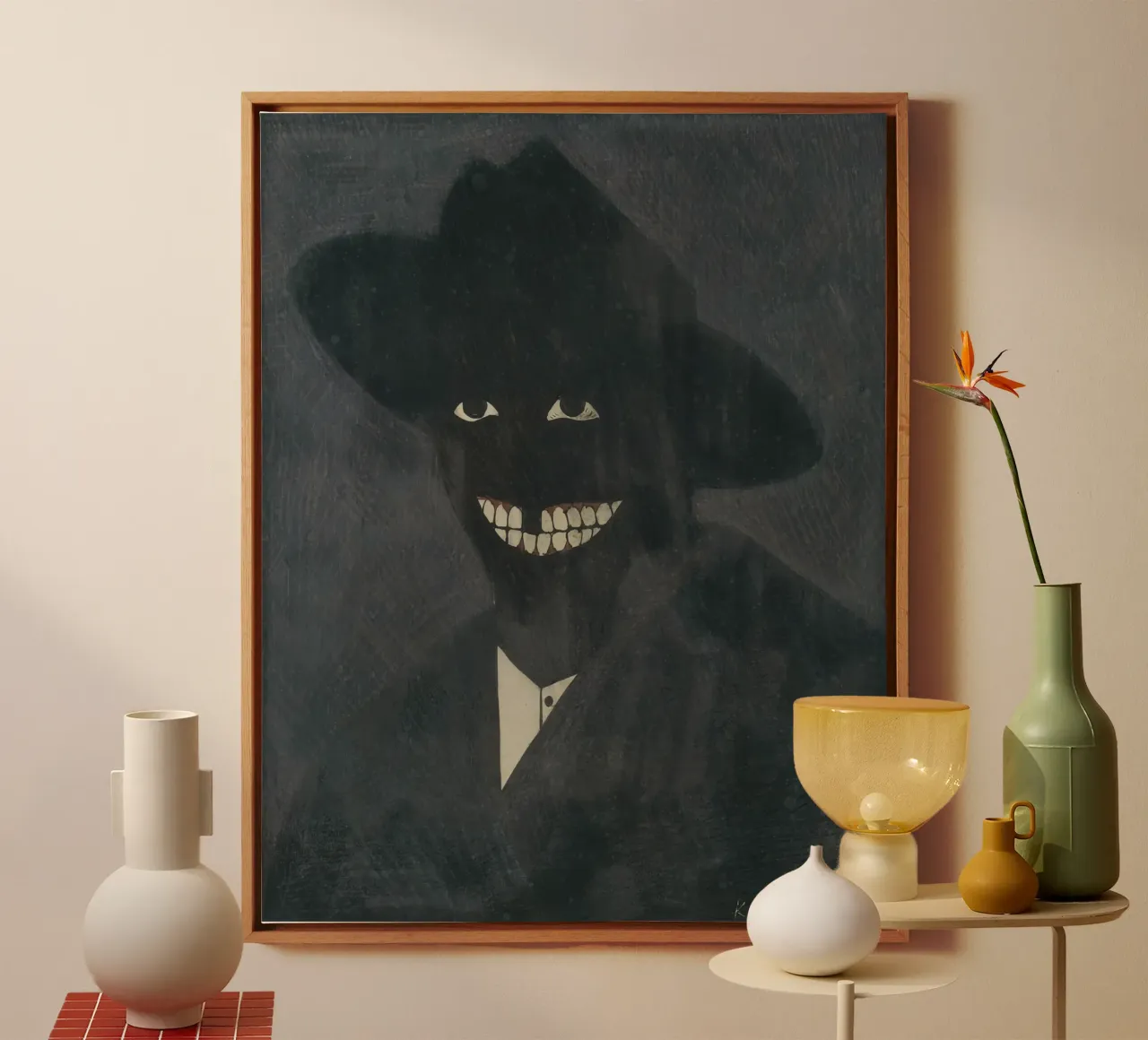 Mysterieuze Grijnzende Man Print | Duistere Expressieve Kunst canvas met Baklijst van NorwesClub