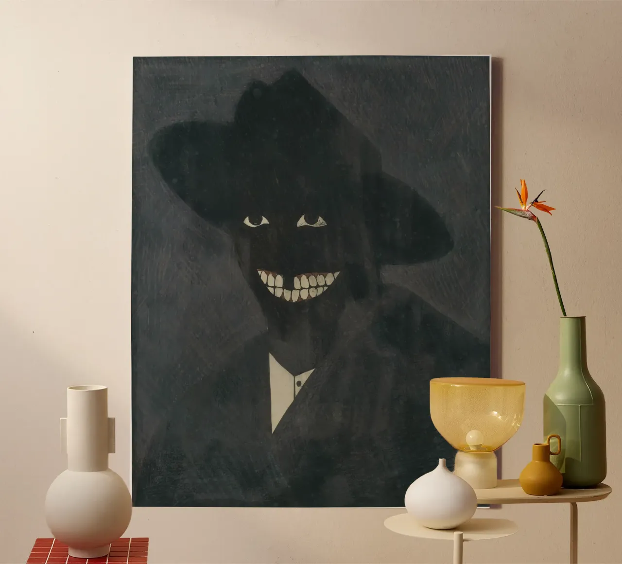 Mysterieuze Grijnzende Man Print | Duistere Expressieve Kunst canvas met Baklijst van NorwesClub