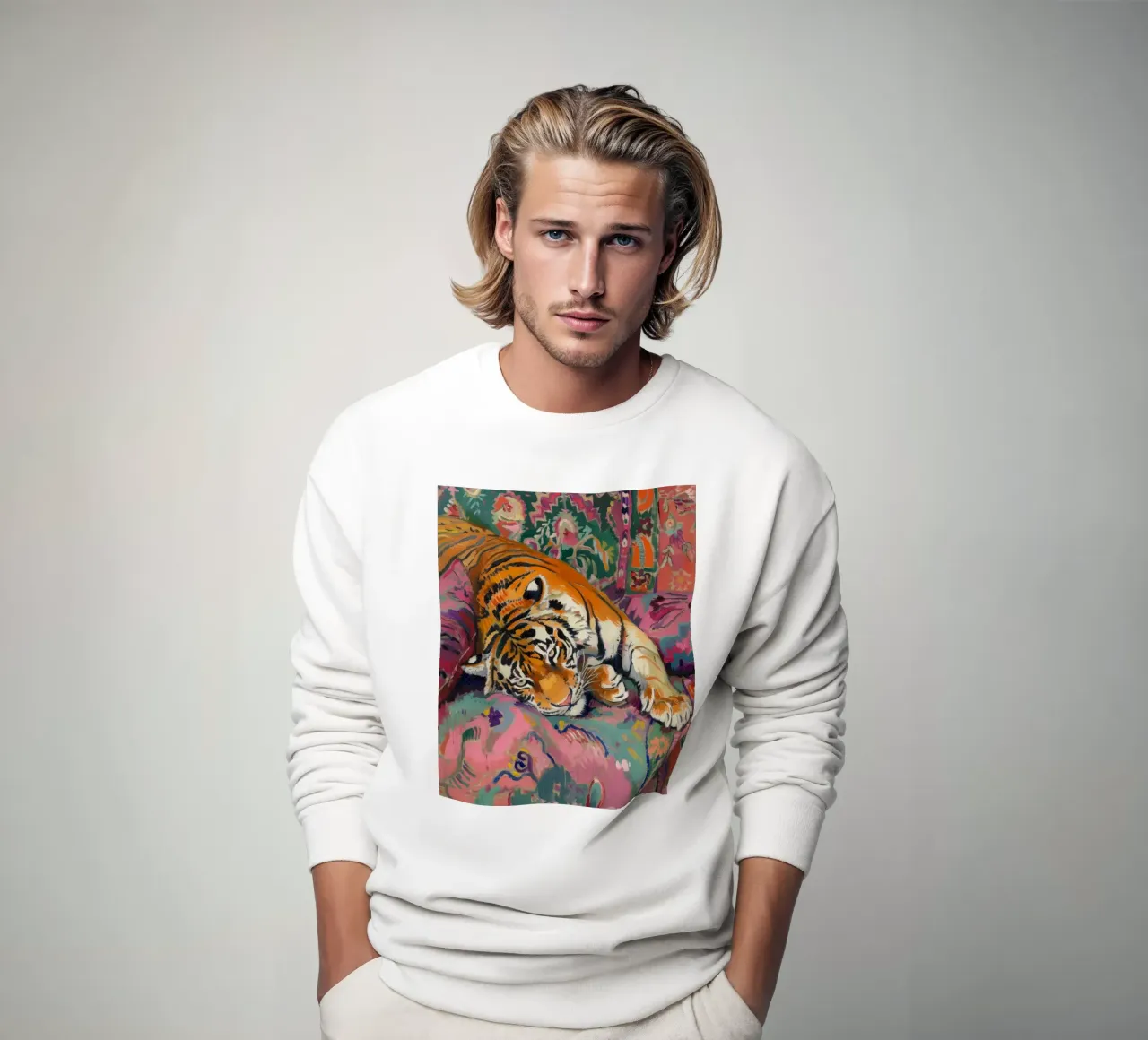 Tiger on Couch Print | Vibrant Maximalist Animal Art sweat de NorwesClub