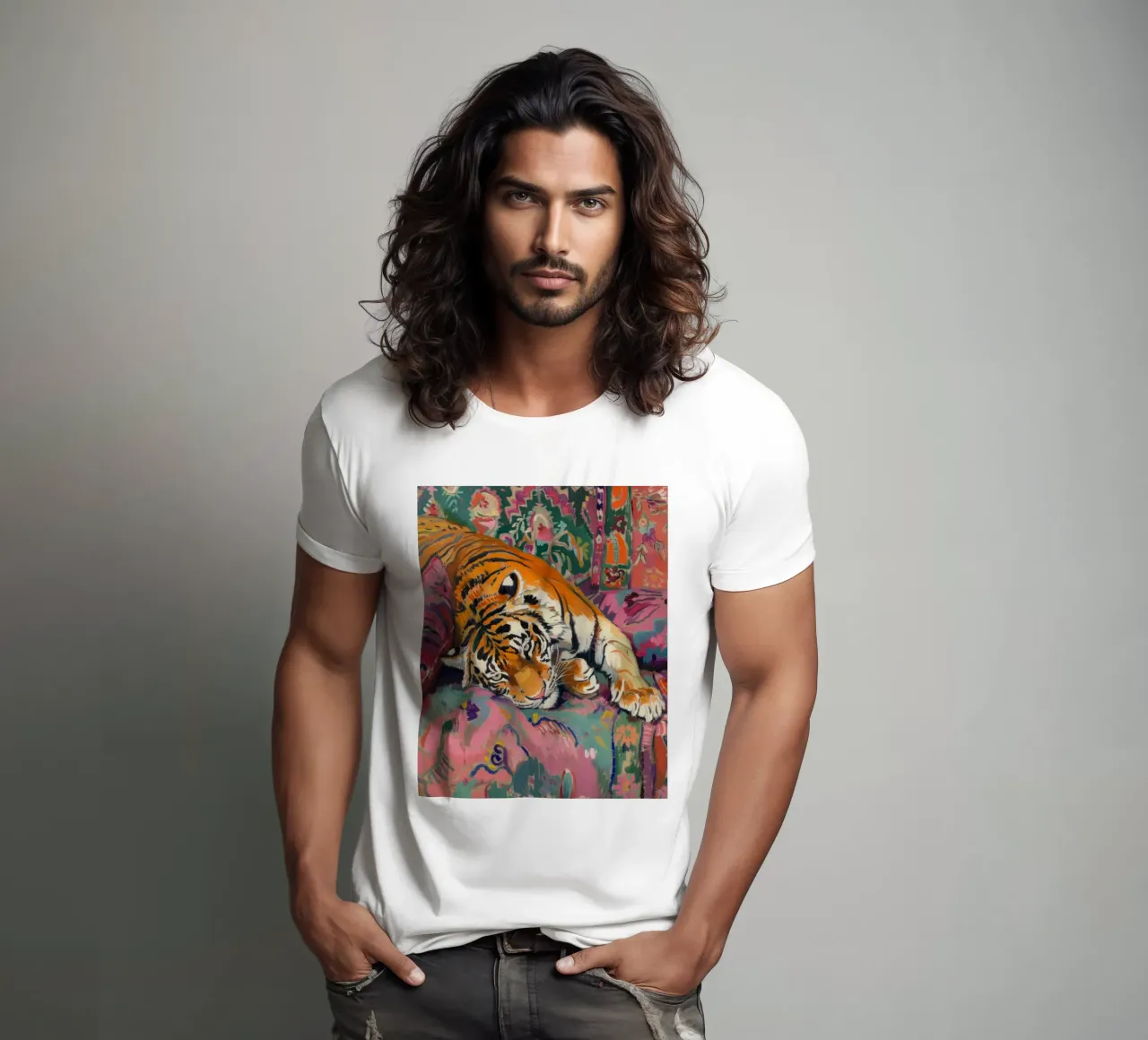 Tiger on Couch Print | Vibrant Maximalist Animal Art t-shirt by NorwesClub