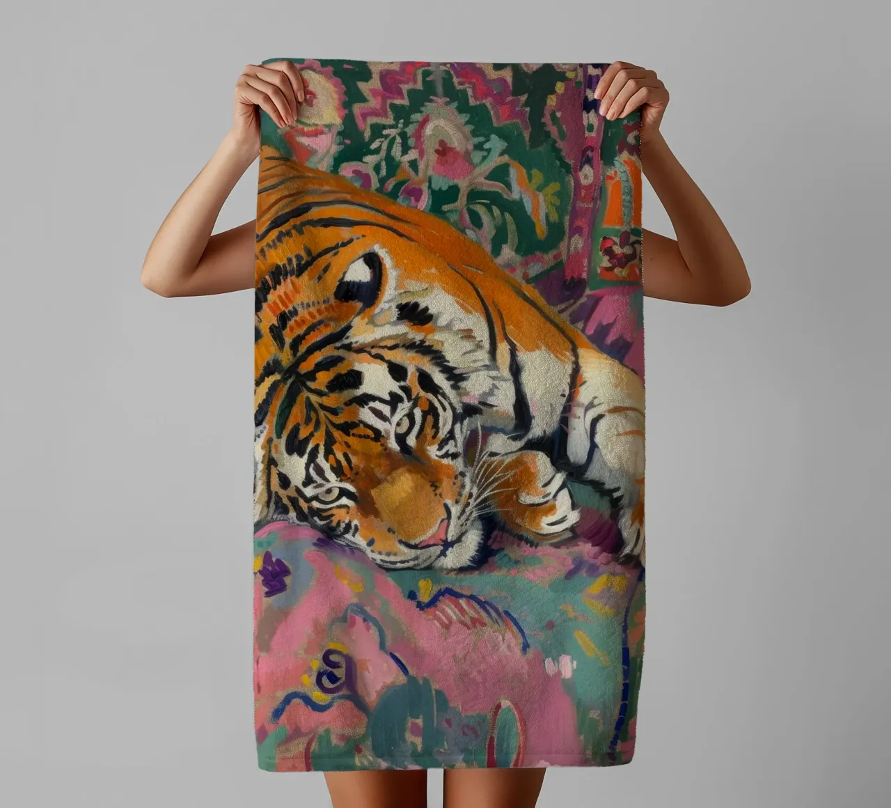 Tiger on Couch Print | Vibrant Maximalist Animal Art towel by NorwesClub