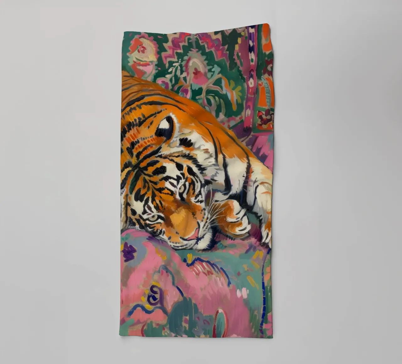 Tiger on Couch Print | Vibrant Maximalist Animal Art towel by NorwesClub