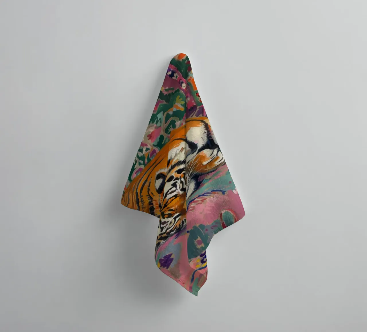 Tiger on Couch Print | Vibrant Maximalist Animal Art towel by NorwesClub