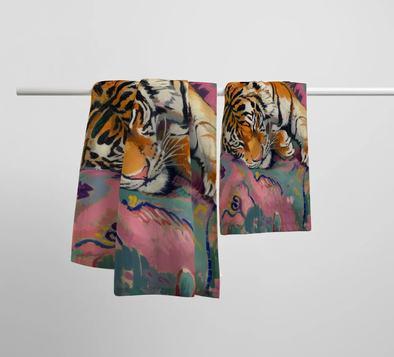 Tiger on Couch Print | Vibrant Maximalist Animal Art towel by NorwesClub