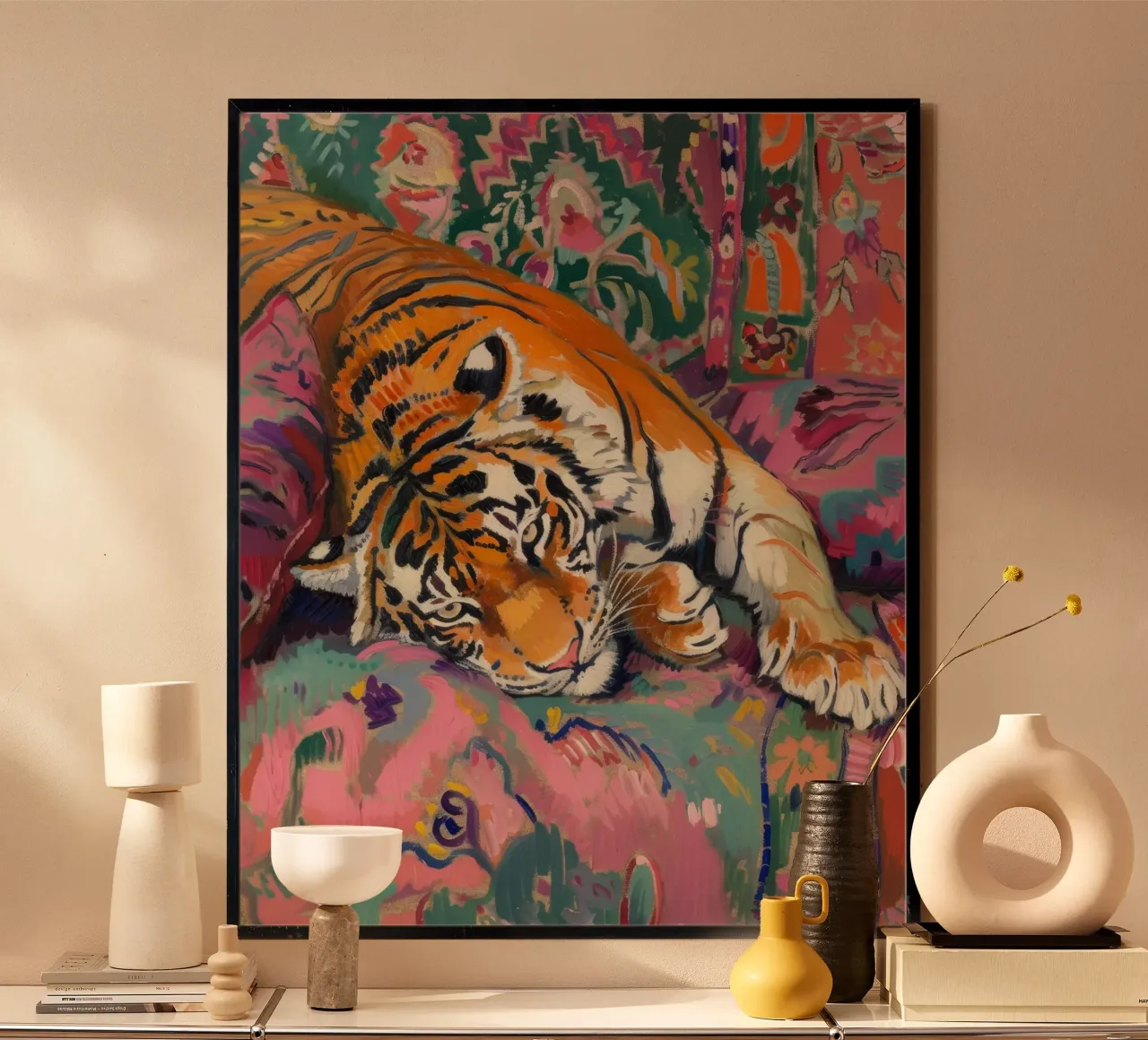 Tiger on Couch Print | Vibrant Maximalist Animal Art poster con marco de madera de NorwesClub