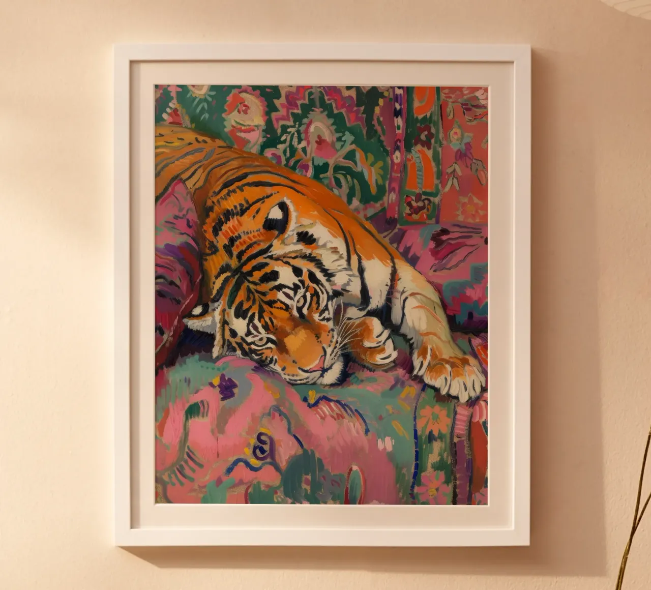 Tiger on Couch Print | Vibrant Maximalist Animal Art poster con marco de madera de NorwesClub