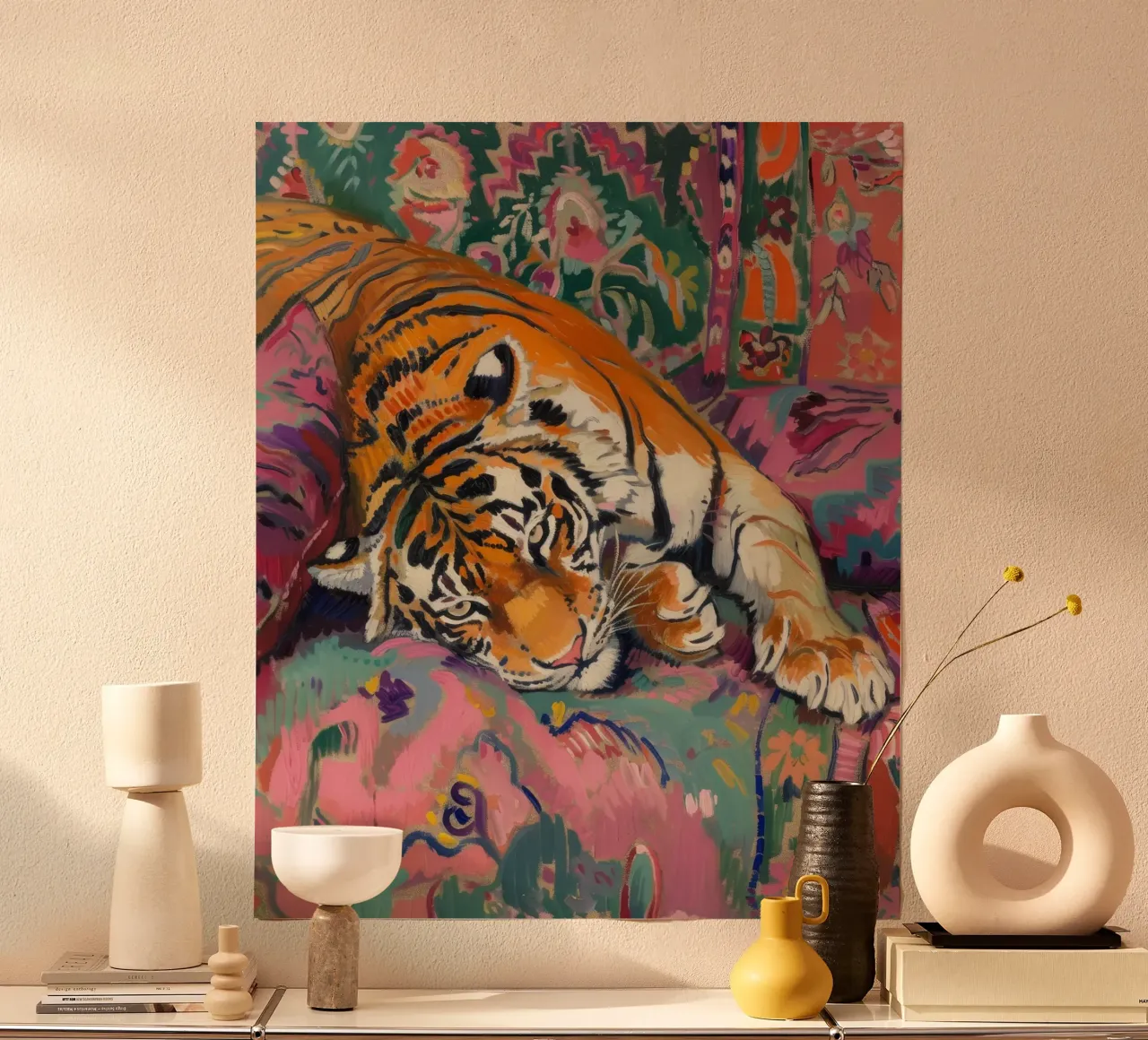 Tiger on Couch Print | Vibrant Maximalist Animal Art poster con marco de madera de NorwesClub