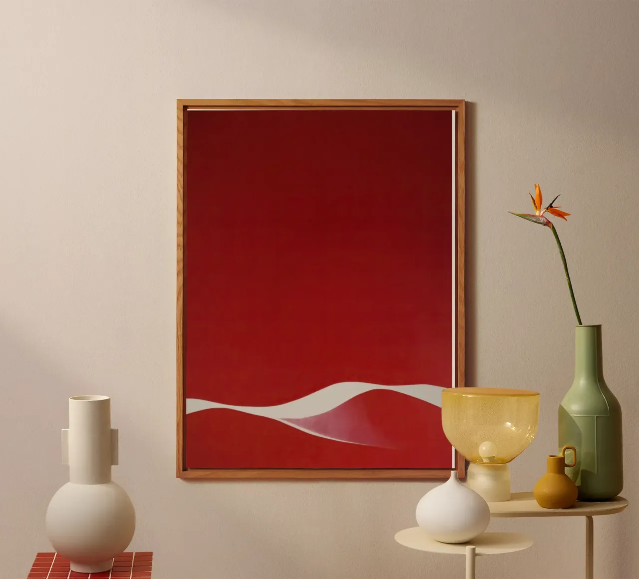 Minimalist Red with Flowing White Curve alu-dibond by Artbyvo