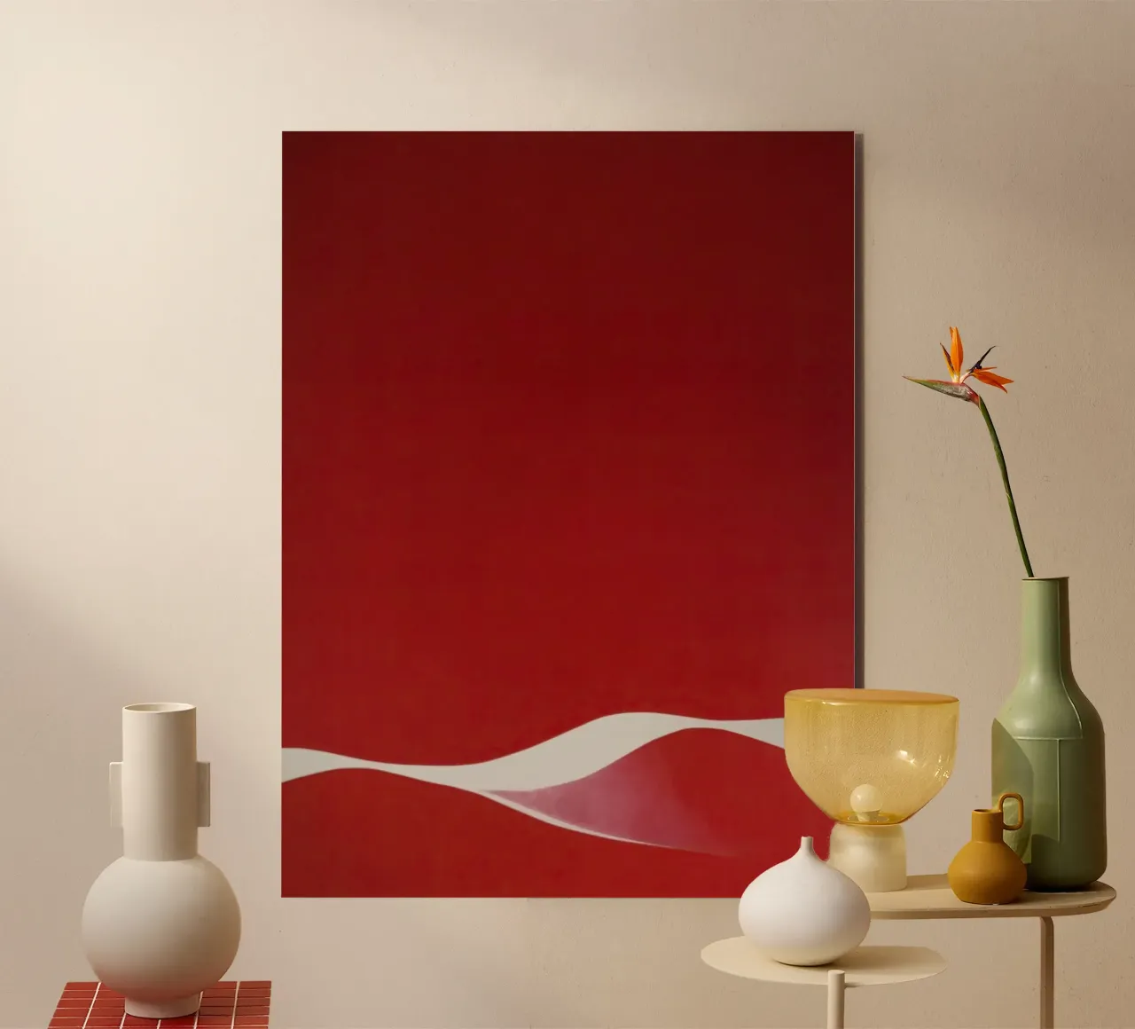 Minimalist Red with Flowing White Curve alu-dibond by Artbyvo