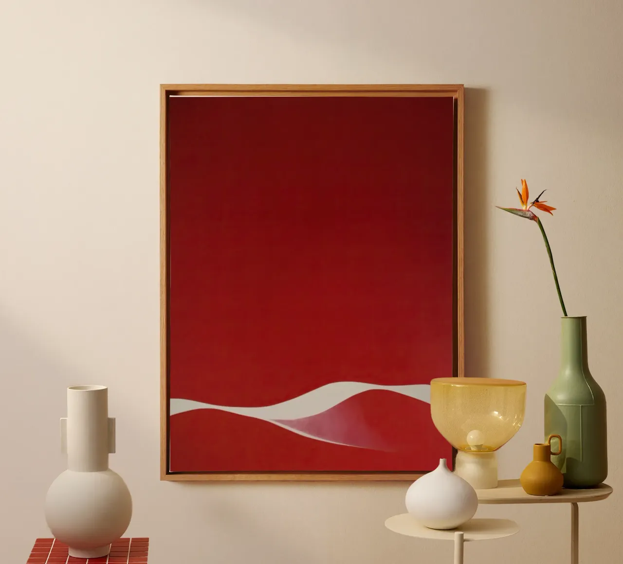 Rosso minimalista con curva bianca fluente tela con Cornice a cassetta da Artbyvo