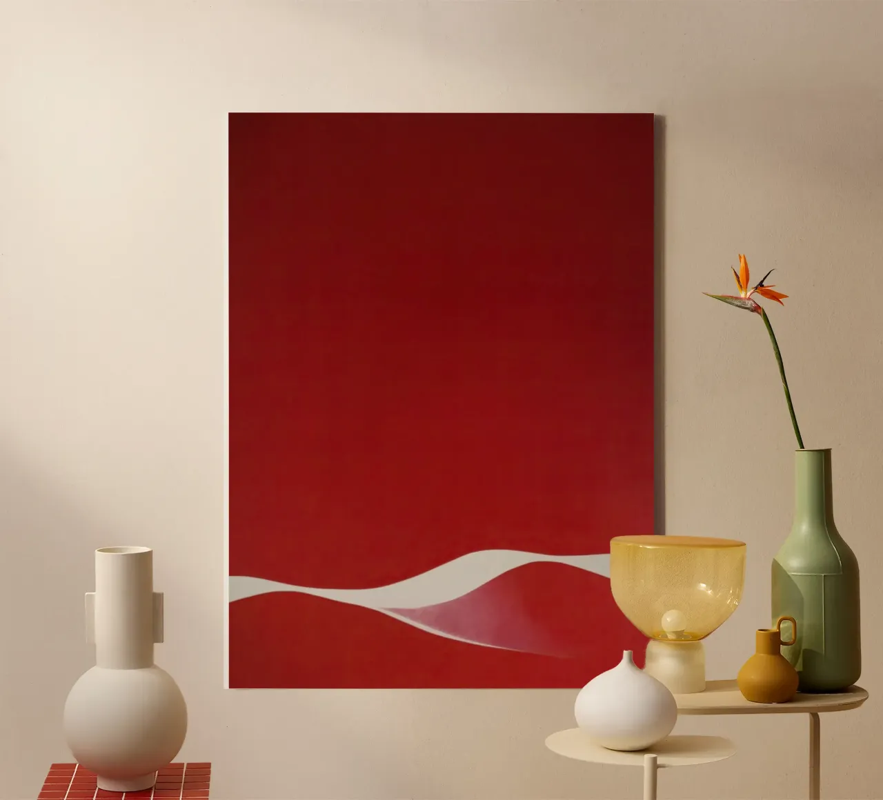 Rosso minimalista con curva bianca fluente tela con Cornice a cassetta da Artbyvo