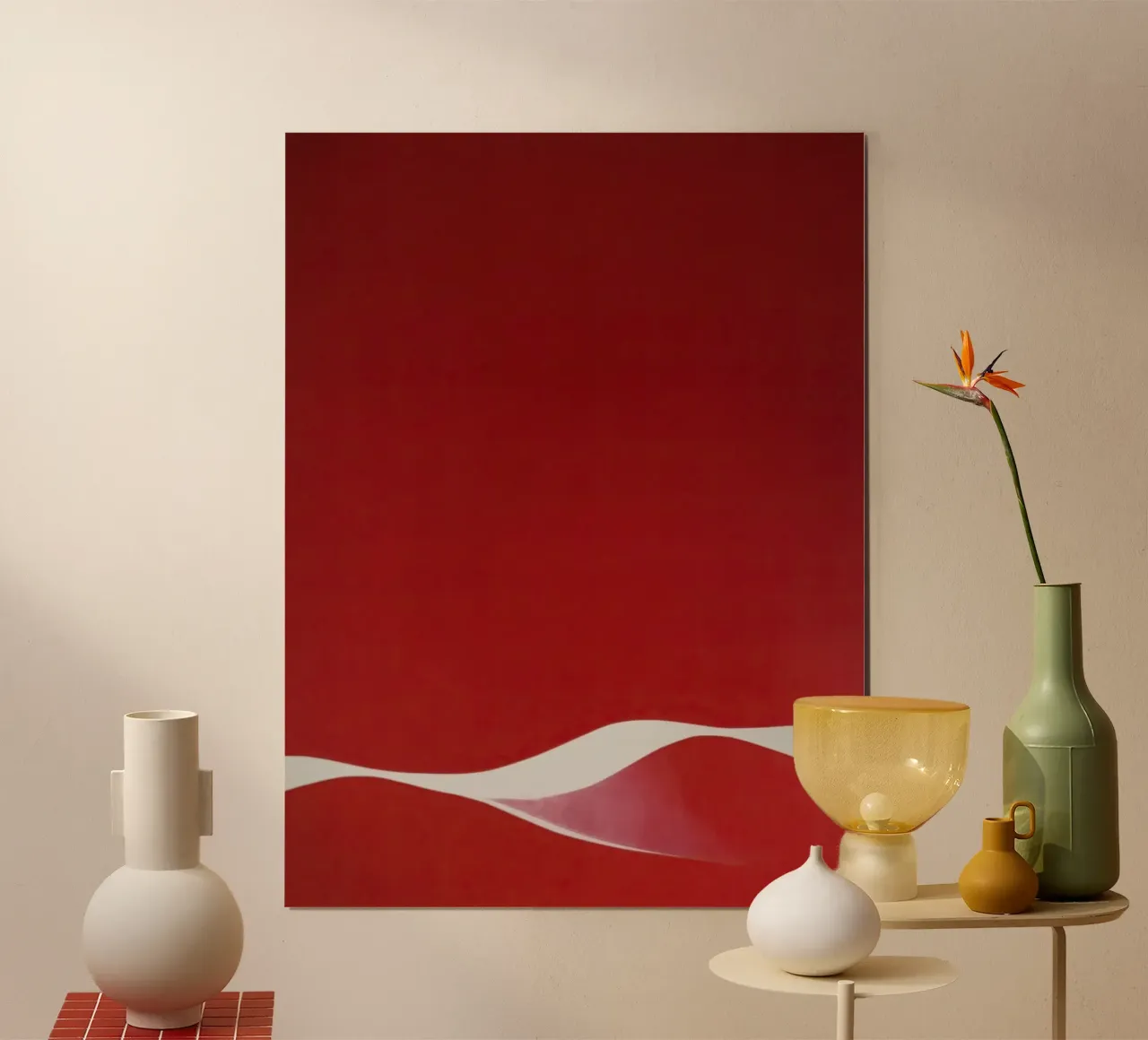 Rosso minimalista con curva bianca fluente poster con telaio in plastica da Artbyvo