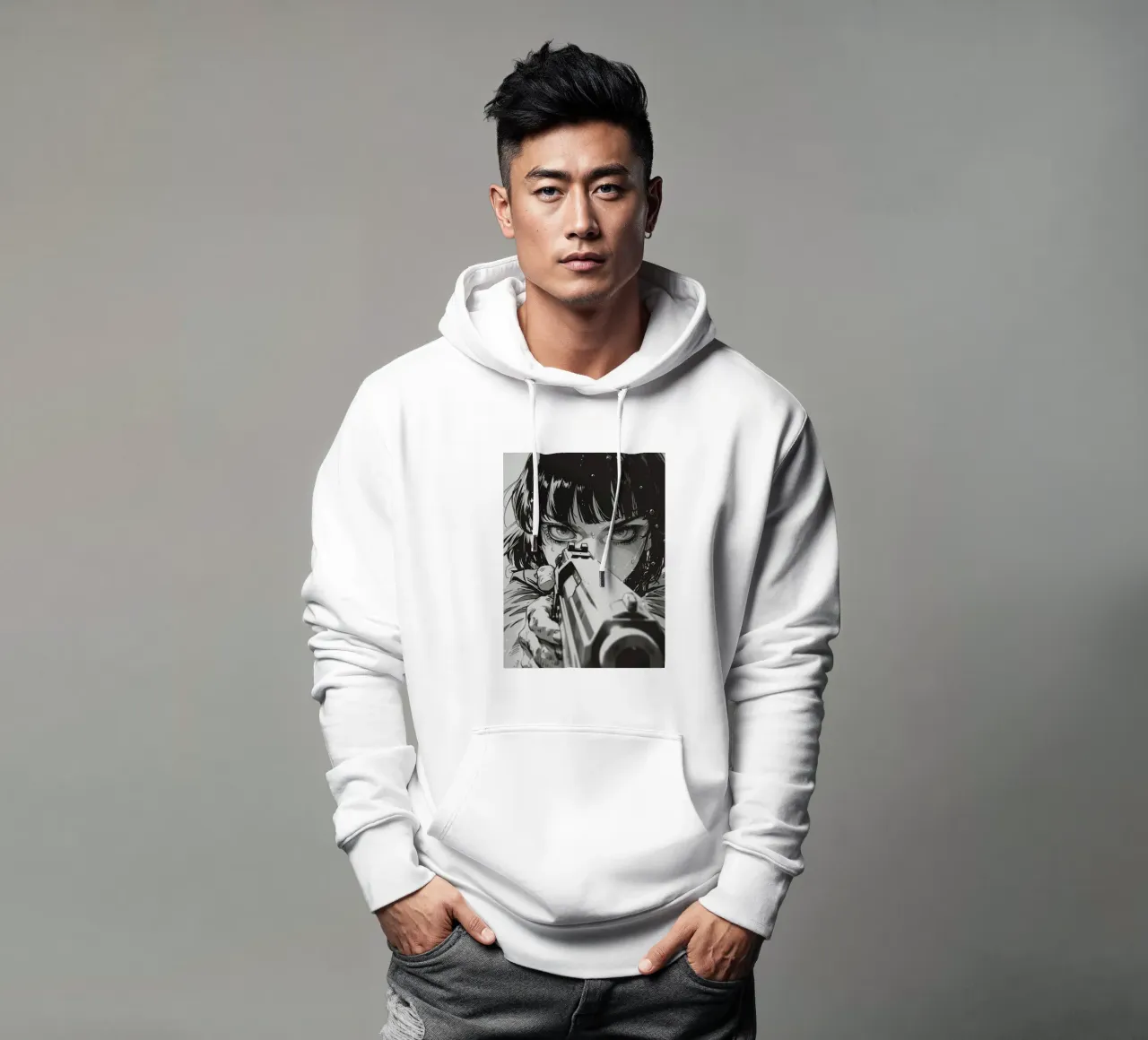 Intense Gaze with Gun | Monochrome Illustration Print hoodie by NorwesClub