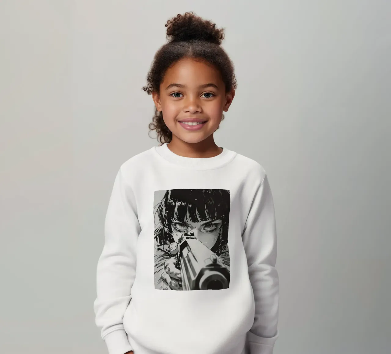 Intense Gaze with Gun | Monochrome Illustration Print kids sweatshirt by NorwesClub