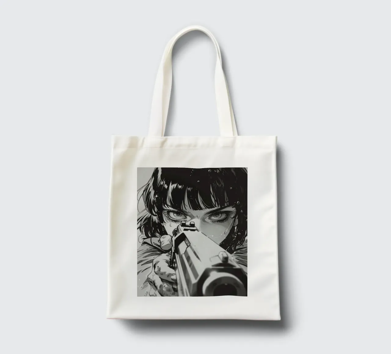 Intense Gaze with Gun | Monochrome Illustration Print tote bag by NorwesClub