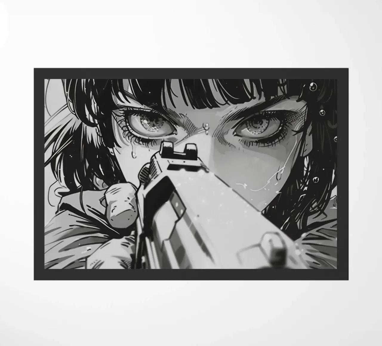 Intense Gaze with Gun | Monochrome Illustration Print doormat by NorwesClub