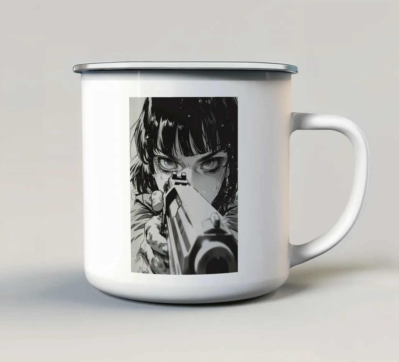 Sguardo intenso con pistola - Stampa illustrazione monocromatica tazza in smalto da NorwesClub