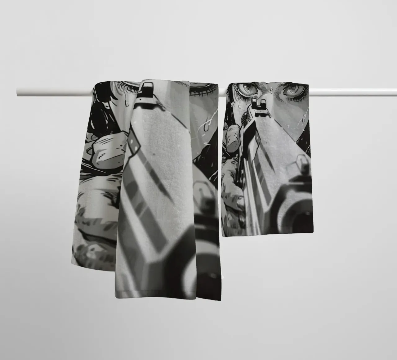 Intense Gaze with Gun | Monochrome Illustration Print towel by NorwesClub