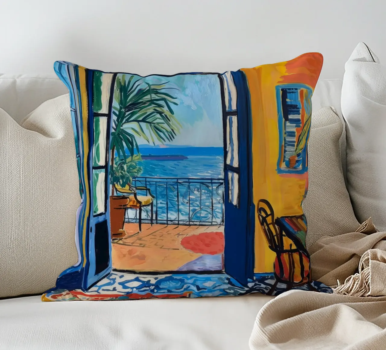 Vibrant Seaside View Print | Expressive Coastal Art decorative cushion by NorwesClub