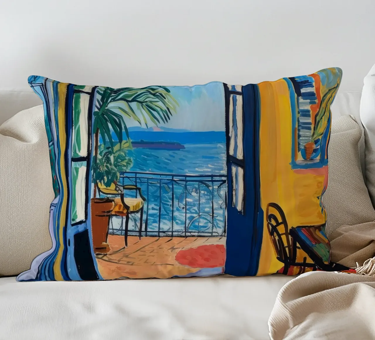 Vibrant Seaside View Print | Expressive Coastal Art decorative cushion by NorwesClub