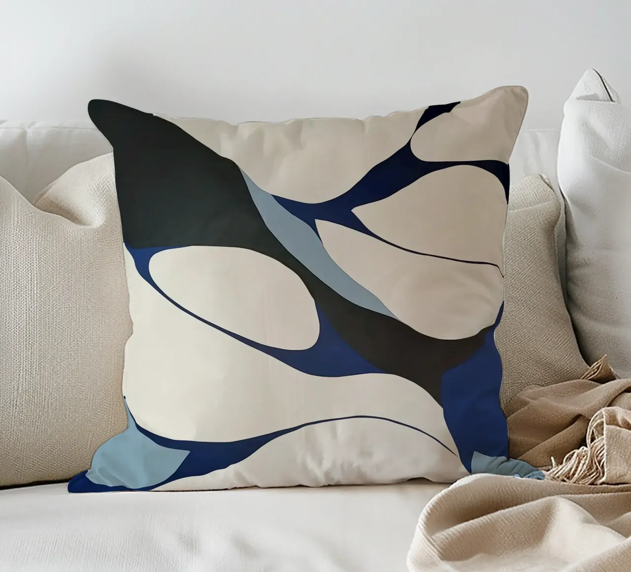 Flowing Forms in Blue and Cream – Abstract Organic Minimalis decorative cushion by Artbyvo