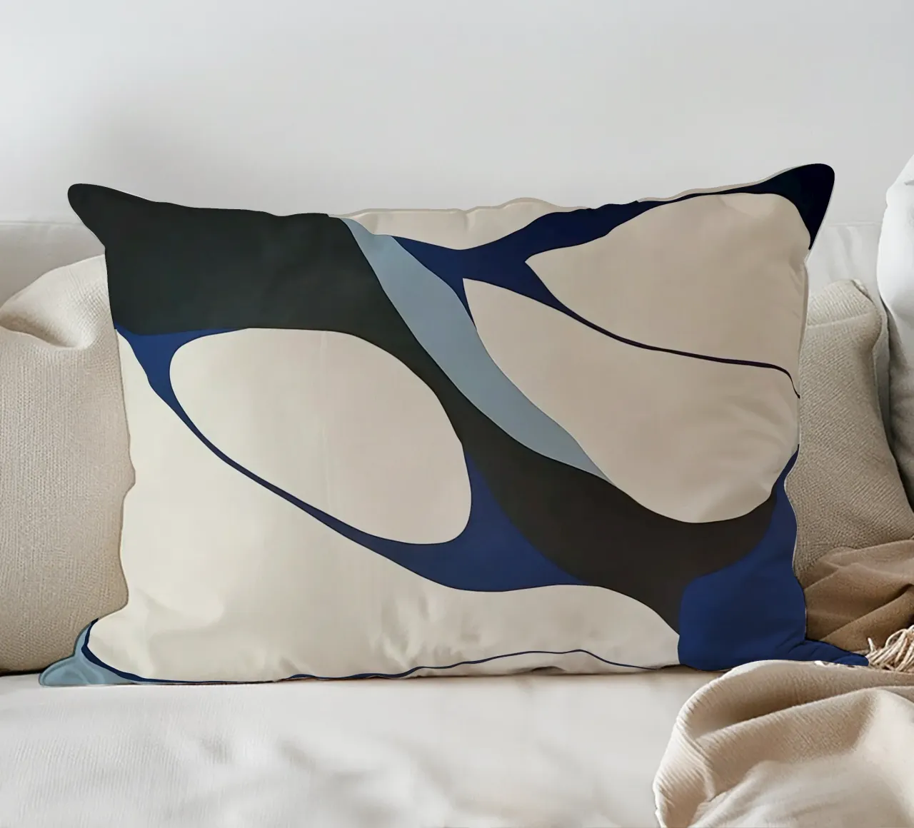 Flowing Forms in Blue and Cream – Abstract Organic Minimalis decorative cushion by Artbyvo