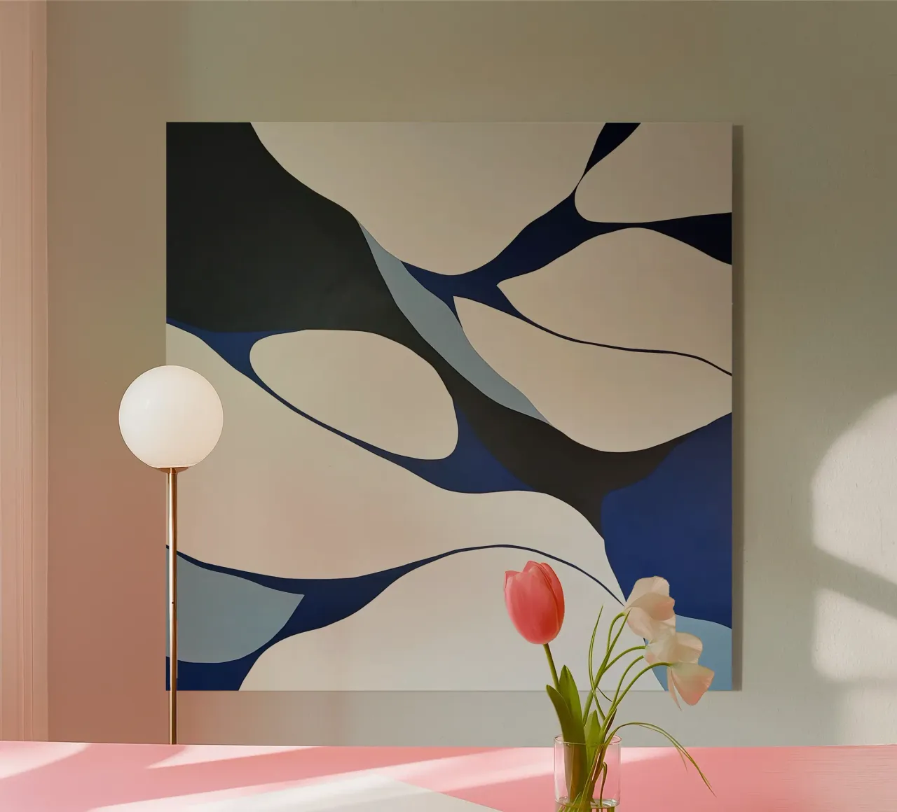 Forme fluide in blu e crema - Minimalis astratto organico plexiglass da Artbyvo