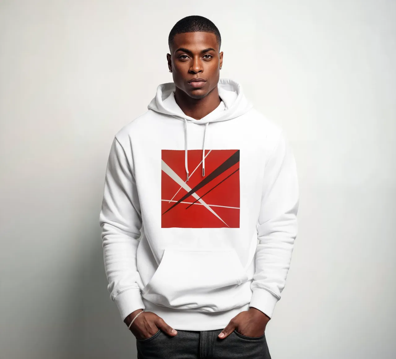 Linee geometriche astratte rosse bianche nere felpa con cappuccio da Artbyvo