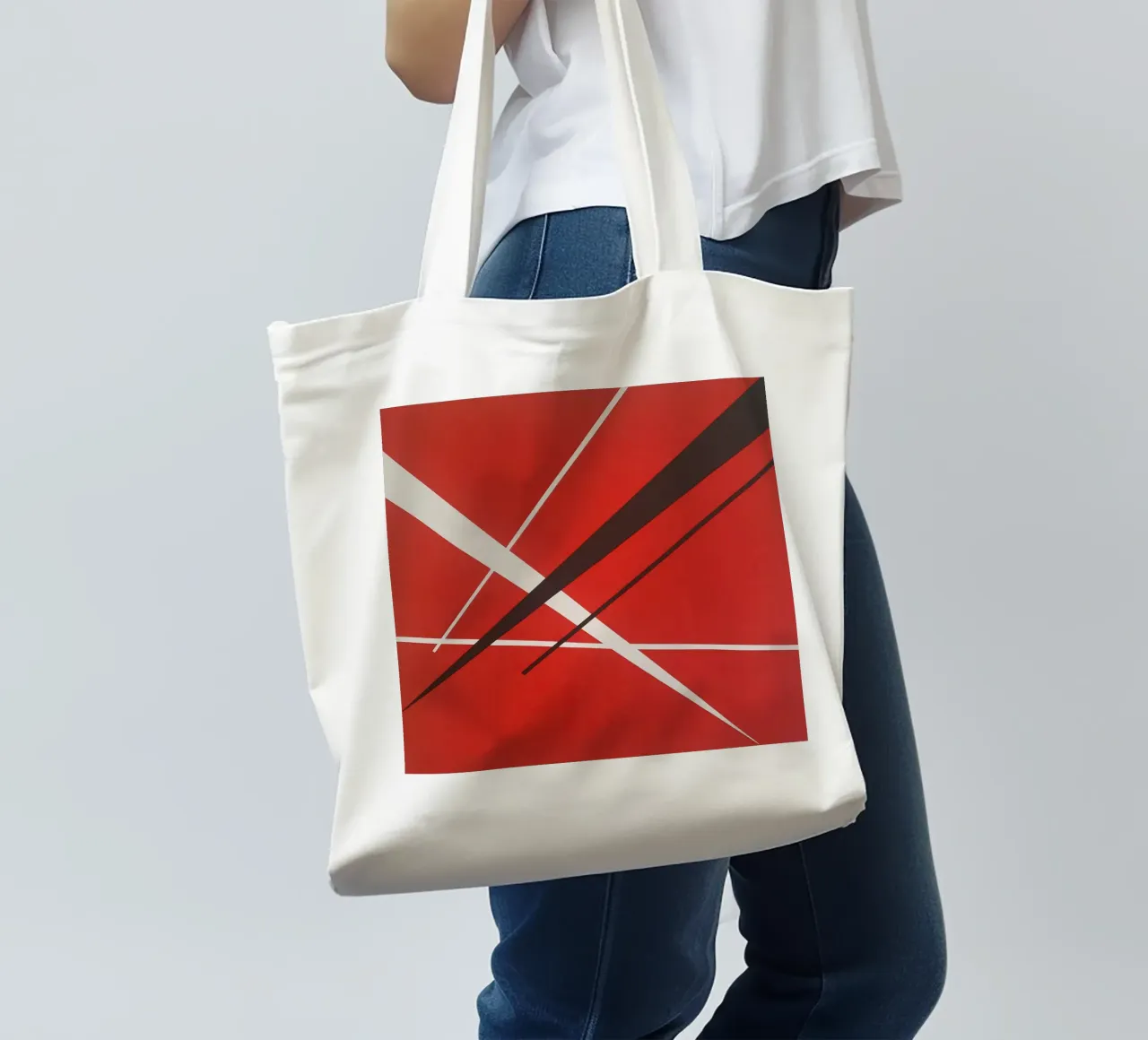Linee geometriche astratte rosse bianche nere borsa in juta da Artbyvo