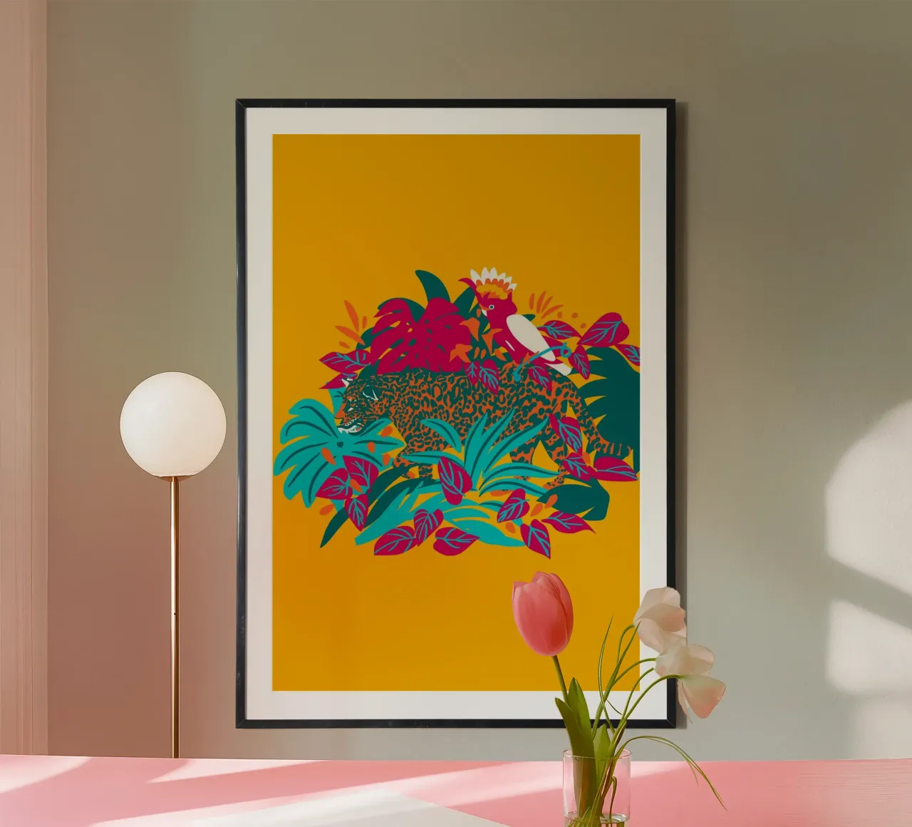 Tropical cat & Colorful bird poster con telaio in plastica da Mariery Young